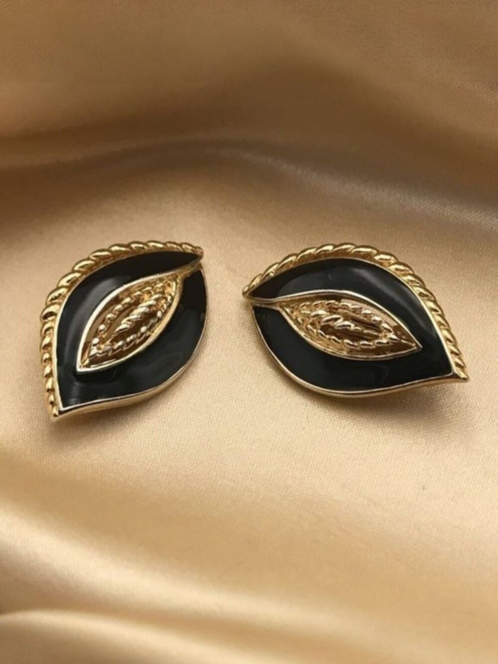 Trafari Almond Shape Black Enamel Clip On Earrings 1-3/4" x 7/8"